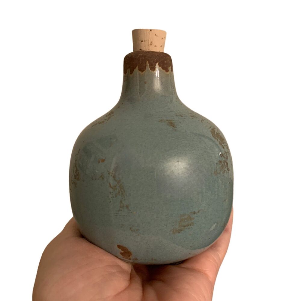 Handmade Pottery Bud Vase Blue Glaze Rustic Studio Art Vase Cork Top